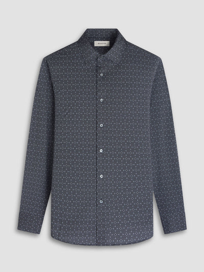 The Bugatchi James Geometric Sport Shirt HF9027K60 features long sleeves, a button-up front, and a navy blue base with a small geometric print for a modern touch.