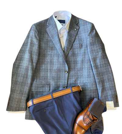 A Jack Victor Sport Coat 1252227 in gray windowpane, styled over a white dress shirt with navy trousers, a tan belt, and brown leather dress shoes, all arranged on a white background.