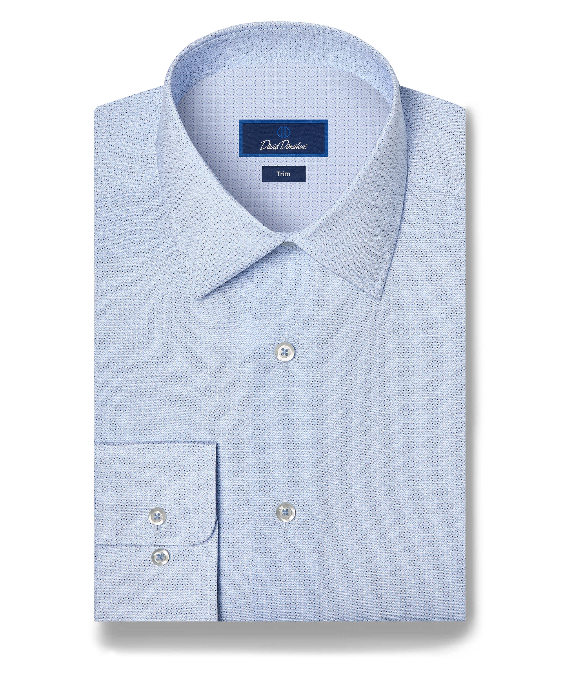 David Donahue Micro Geometric Print Dress Shirt TBSP13203, neatly folded in light blue with a pointed collar, button cuffs, and a subtle micro geometric pattern.