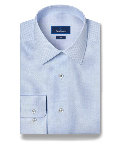 David Donahue Micro Geometric Print Dress Shirt TBSP13203, neatly folded in light blue with a pointed collar, button cuffs, and a subtle micro geometric pattern.