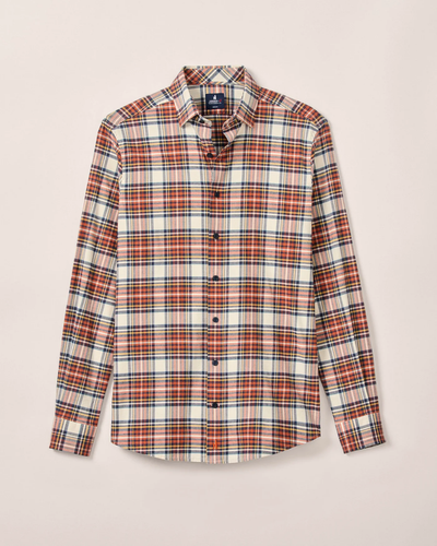 The Johnnie-O Knick Flannel Plaid Shirt Big & Tall by Johnnie-O features a red, white, and blue plaid design in premium cotton flannel, shown flat on a simple light background.