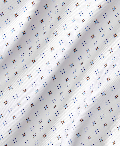 The David Donahue Neat Diamond Dress Shirt TBSP11202 features white Pima cotton with a geometric pattern of small blue dots and brown diamonds, offering visible texture and subtle shadows for an elegant touch.