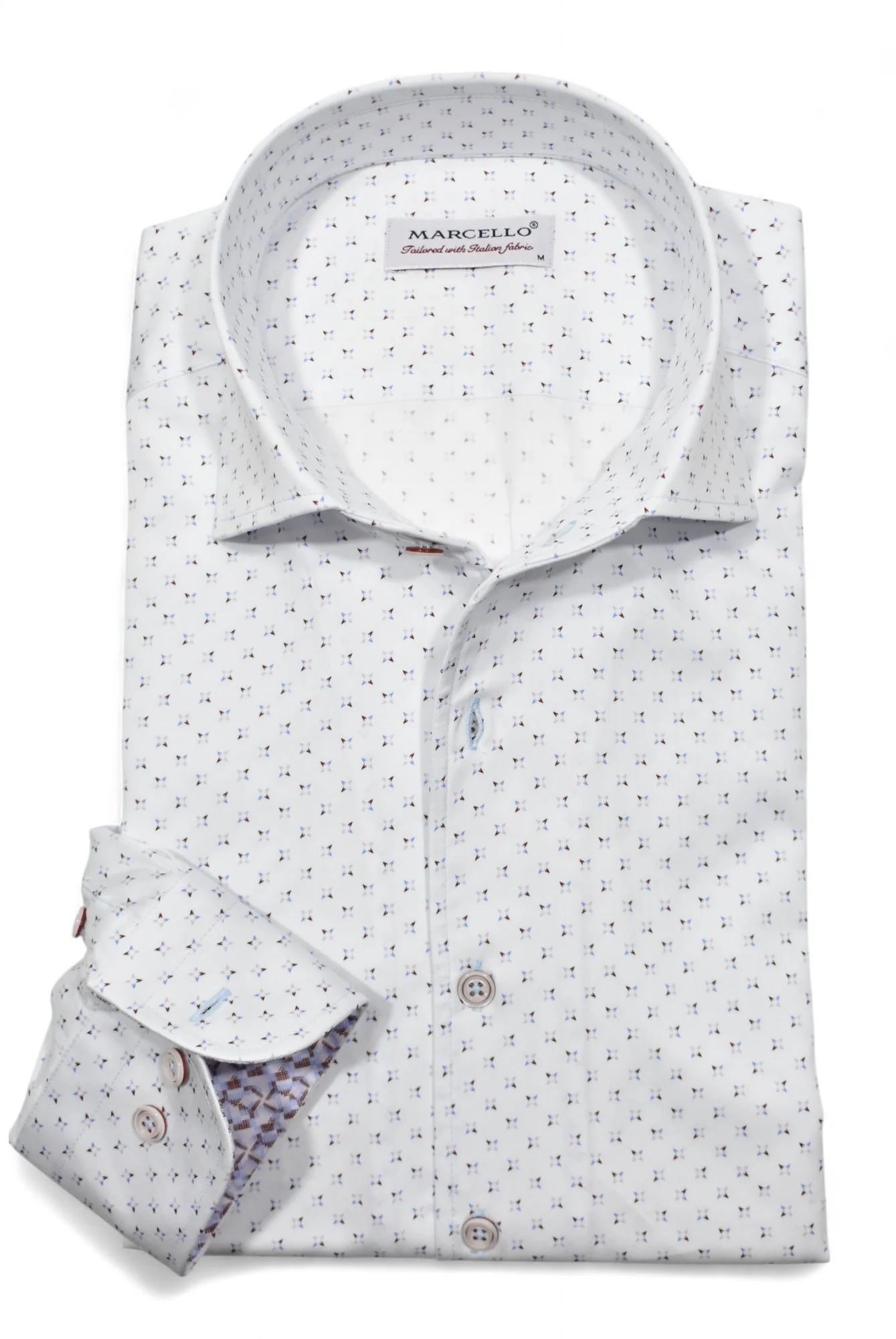 The Marcello OP Sky Stars Sport Shirt W115 by Marcello features a folded white design with a subtle dotted pattern, unique placket, and spread collar for a dignified look, displayed against a plain white background.