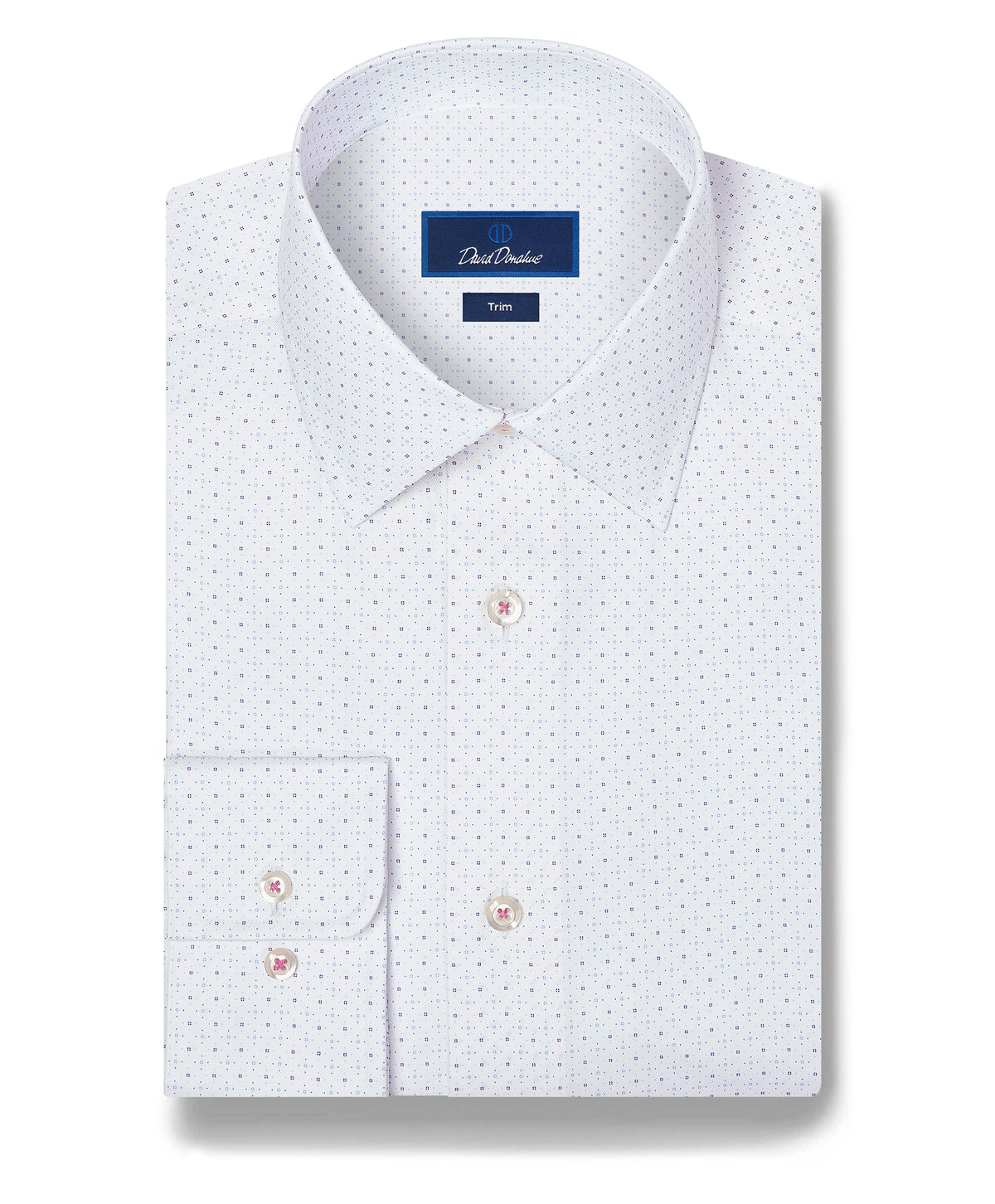 Folded white David Donahue Stretch Micro Neat Print Dress Shirt (TBSP13200) featuring a subtle dotted pattern and buttoned cuffs.