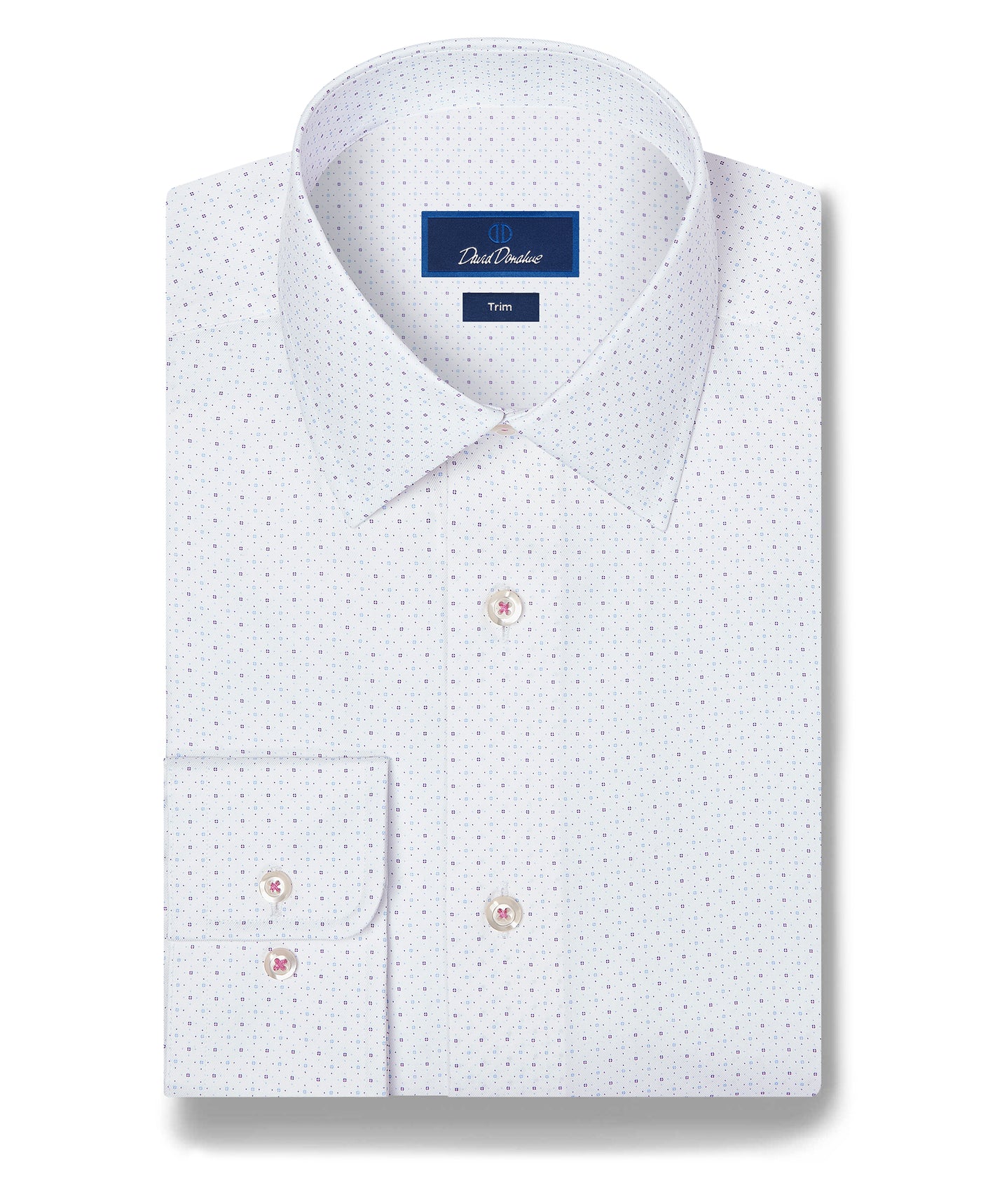 Folded white David Donahue Stretch Print Dress Shirt TBSP13200 featuring a subtle dotted print, buttoned front and cuffs, crafted in premium Pima cotton Oxford weave, labeled as slim fit.