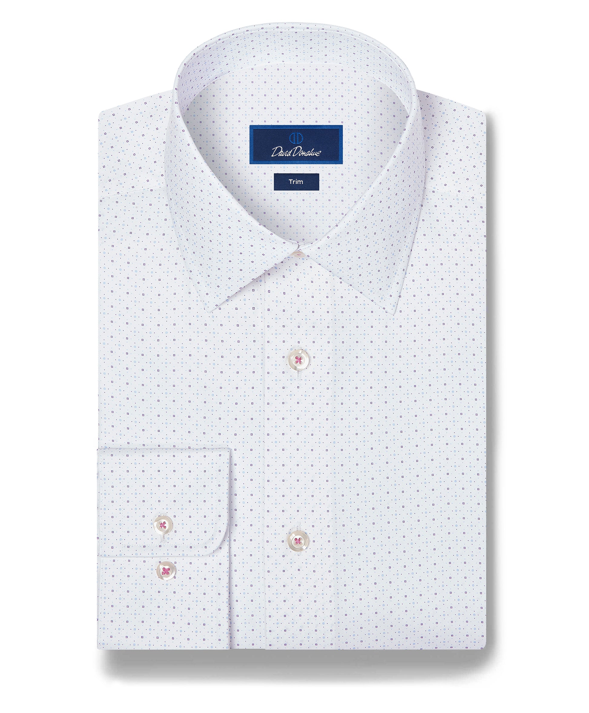 Folded white David Donahue Stretch Print Dress Shirt TBSP13200 featuring a subtle dotted print, buttoned front and cuffs, crafted in premium Pima cotton Oxford weave, labeled as slim fit.