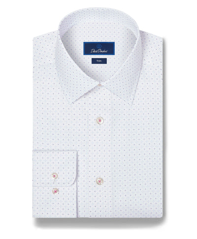 Folded white David Donahue Stretch Print Dress Shirt TBSP13200 featuring a subtle dotted print, buttoned front and cuffs, crafted in premium Pima cotton Oxford weave, labeled as slim fit.