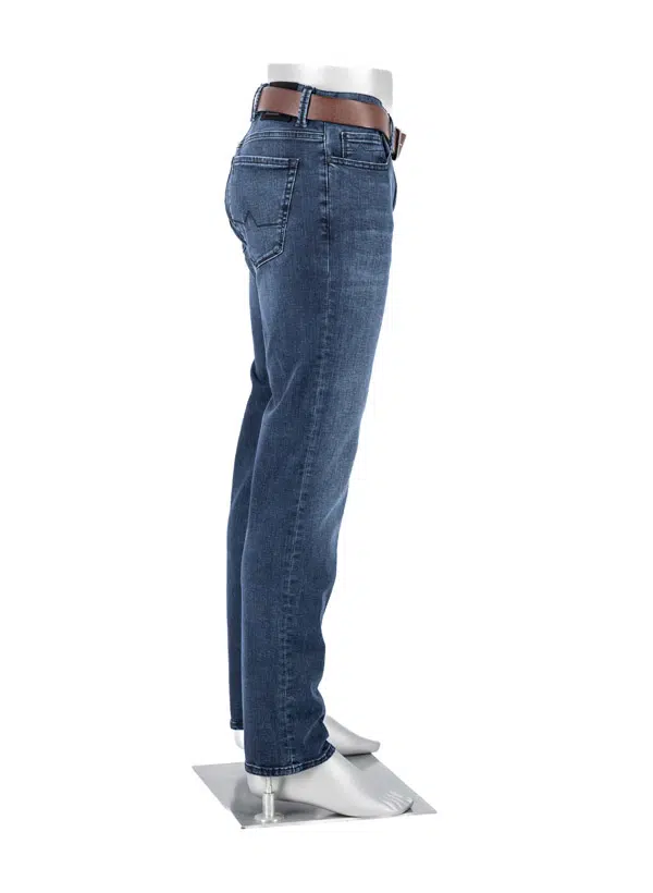 Side view of Alberto Stone 1984 Str Denim Big & Tall jeans with brown belt on mannequin, featuring Cotton T400, against white background.