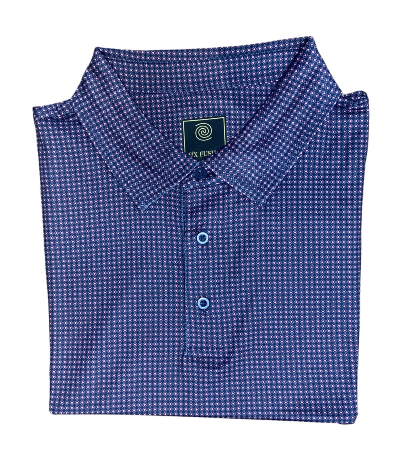 The F/X Fusion Big & Tall Men's Polo Diamond 2316 is a moisture-wicking polo with a small blue and red geometric pattern, pointed collar, and three blue buttons from F/X Fusion.