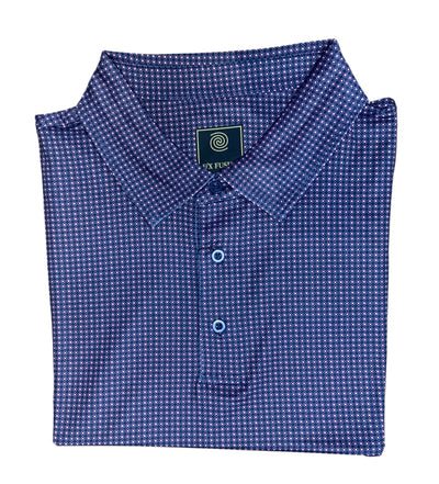 The F/X Fusion Big & Tall Men's Polo Diamond 2316 is a moisture-wicking polo with a small blue and red geometric pattern, pointed collar, and three blue buttons from F/X Fusion.