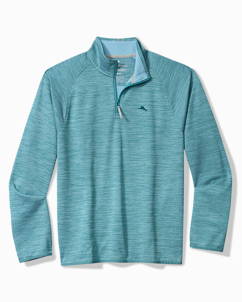 Teal textured Tommy Bahama Palm Pro Half-Zip Big & Tall Sweatshirt featuring a long-sleeve half-zip design with a small embroidered fish logo on the left chest.