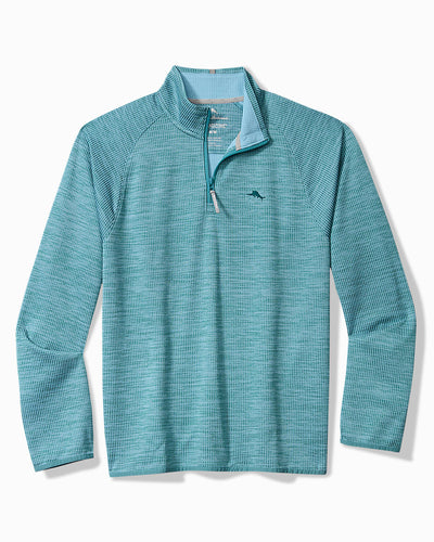 Teal textured Tommy Bahama Palm Pro Half-Zip Big & Tall Sweatshirt featuring a long-sleeve half-zip design with a small embroidered fish logo on the left chest.
