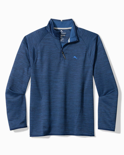 Blue long-sleeved Tommy Bahama Palm Pro Half-Zip Big & Tall Sweatshirt with a textured pattern and a small logo on the left chest.
