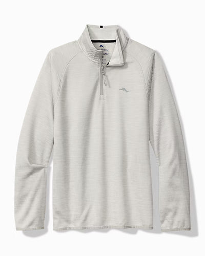 Light gray long-sleeve Tommy Bahama Palm Pro Half-Zip Big & Tall Sweatshirt in textured fabric with a small embroidered marlin logo on the chest.