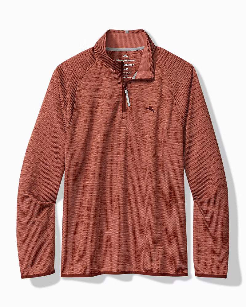 A rust-colored, long-sleeved Tommy Bahama Palm Pro Half-Zip Big & Tall Sweatshirt with a small embroidered emblem on the left chest.