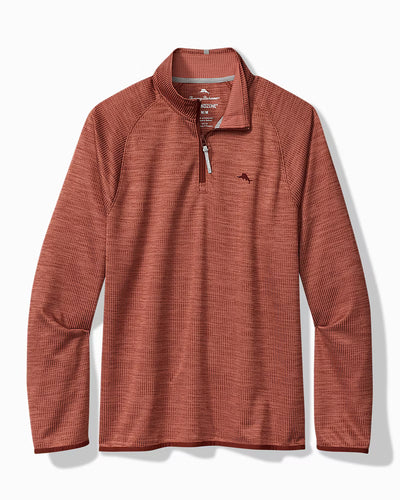 A rust-colored, long-sleeved Tommy Bahama Palm Pro Half-Zip Big & Tall Sweatshirt with a small embroidered emblem on the left chest.