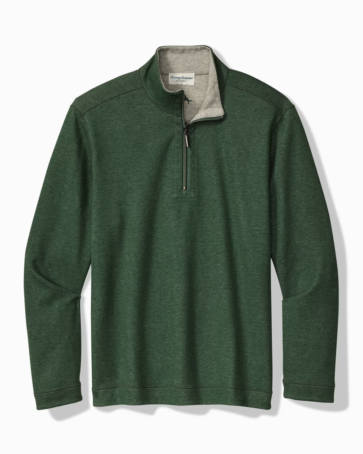 Green long-sleeve Tommy Bahama Flipview 1/2 Zip Reversible Sweatshirt Big & Tall with a light gray inner collar.