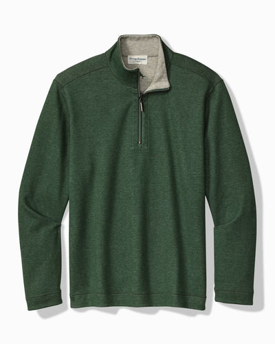 Green long-sleeve Tommy Bahama Flipview 1/2 Zip Reversible Sweatshirt Big & Tall with a light gray inner collar.