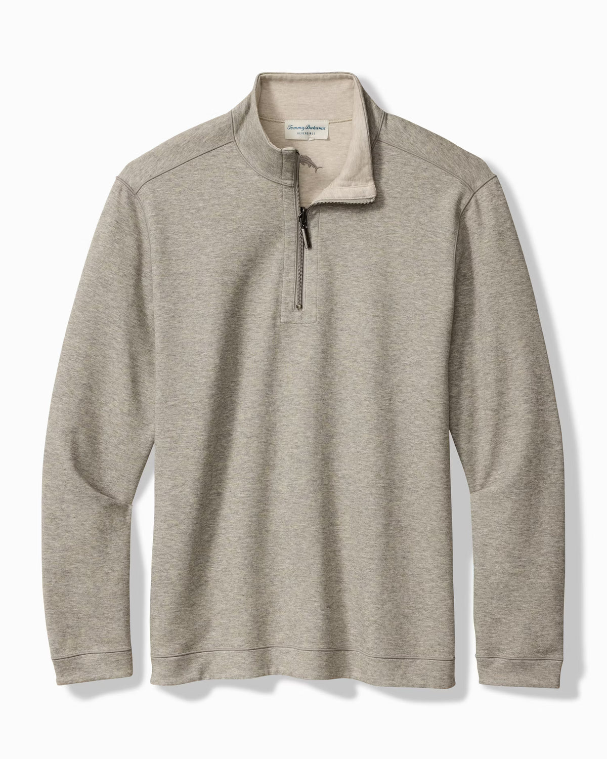 Light gray Tommy Bahama Flipview 1/2 Zip Reversible Sweatshirt Big & Tall half-zip pullover with a mock neck.