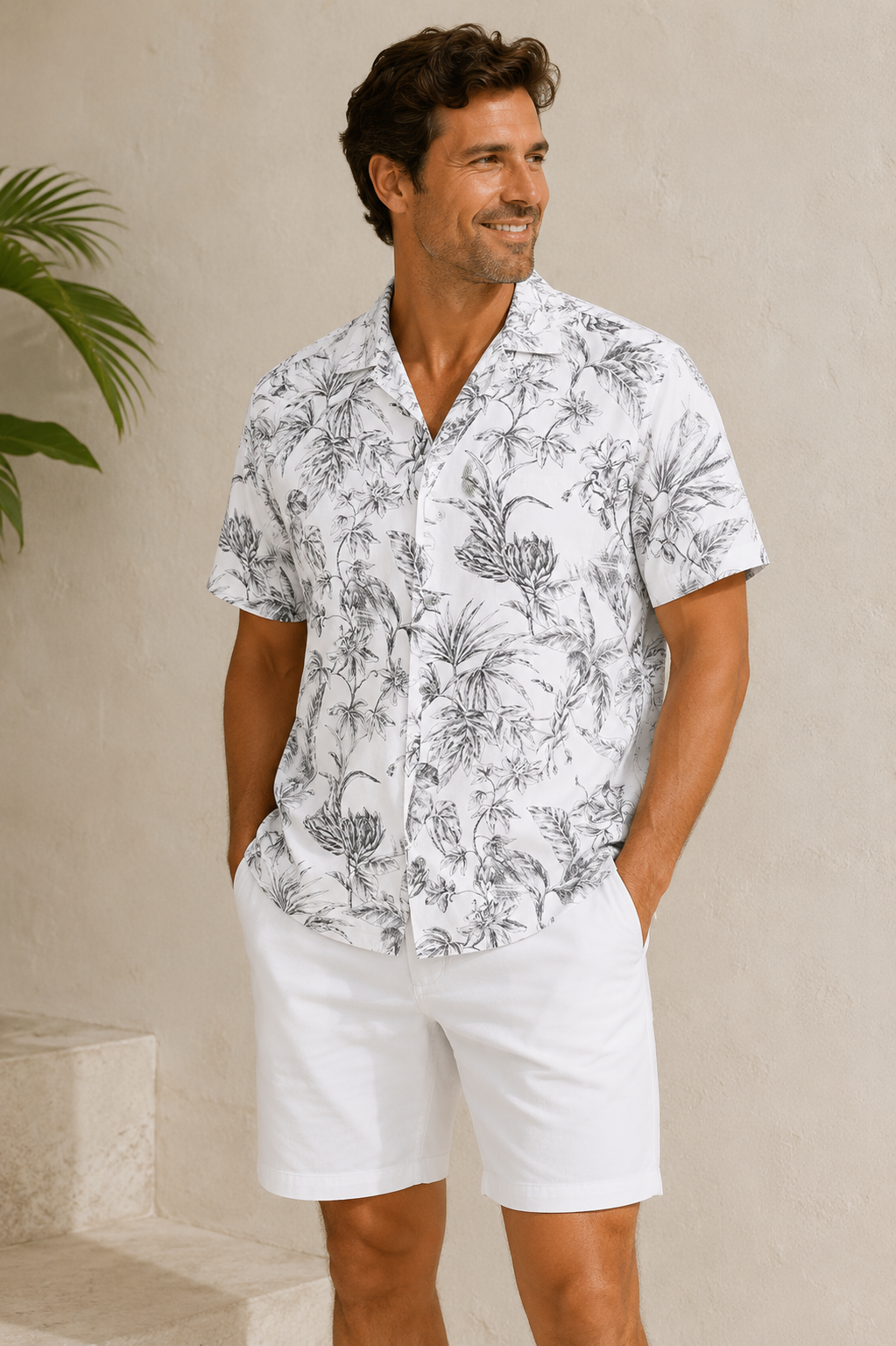 A man stands against a light beige wall, smiling with hands in pockets, wearing a white Tori Richard Cotton Gingerly Big & Tall Shirt 0700M0305 featuring black floral print, paired with white shorts.