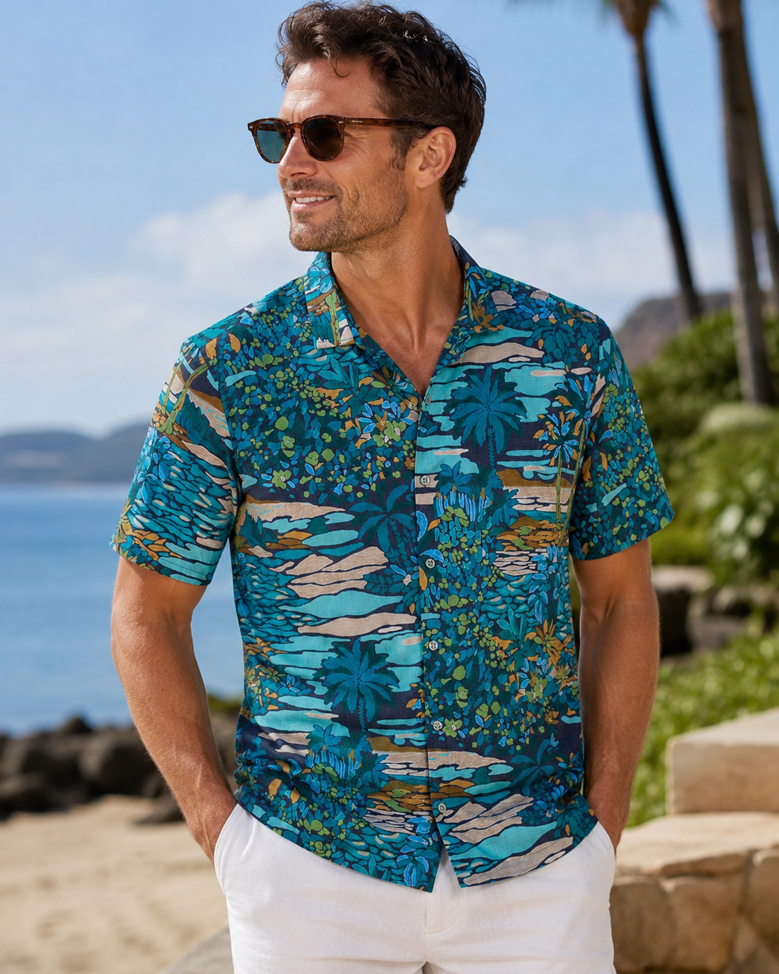 A man in sunglasses, white pants, and a Tori Richard Printed Cotton Opalescent Shirt (1956M0330) stands outdoors by the beach with palm trees in the background.