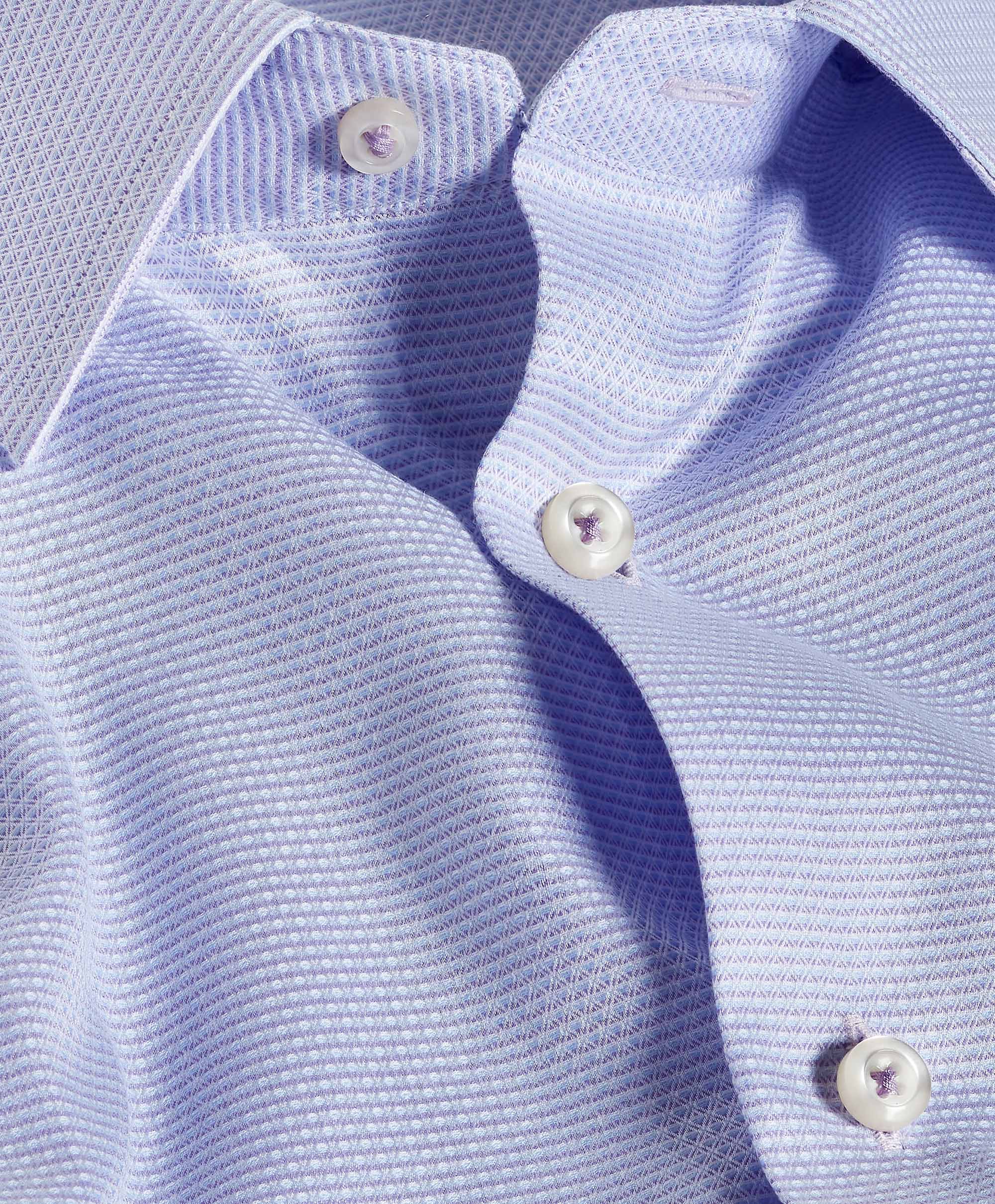 Close-up of the David Donahue OP Lilac Micro Dobby Dress Shirt, featuring a trim fit, white buttons, and detailed collar, placket, and micro dobby pattern.