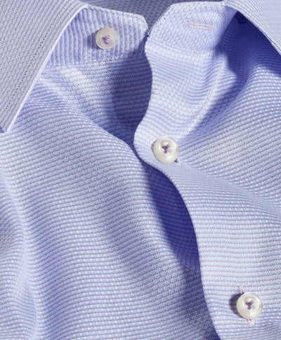 Close-up of the David Donahue OP Lilac Micro Dobby Dress Shirt, featuring a trim fit, white buttons, and detailed collar, placket, and micro dobby pattern.