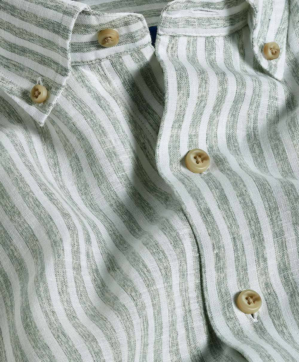 Close-up of the David Donahue Linen Stripe Sport Shirt CBBD12955335, featuring sage and white stripes, a collar, and beige buttons in classic David Donahue style.