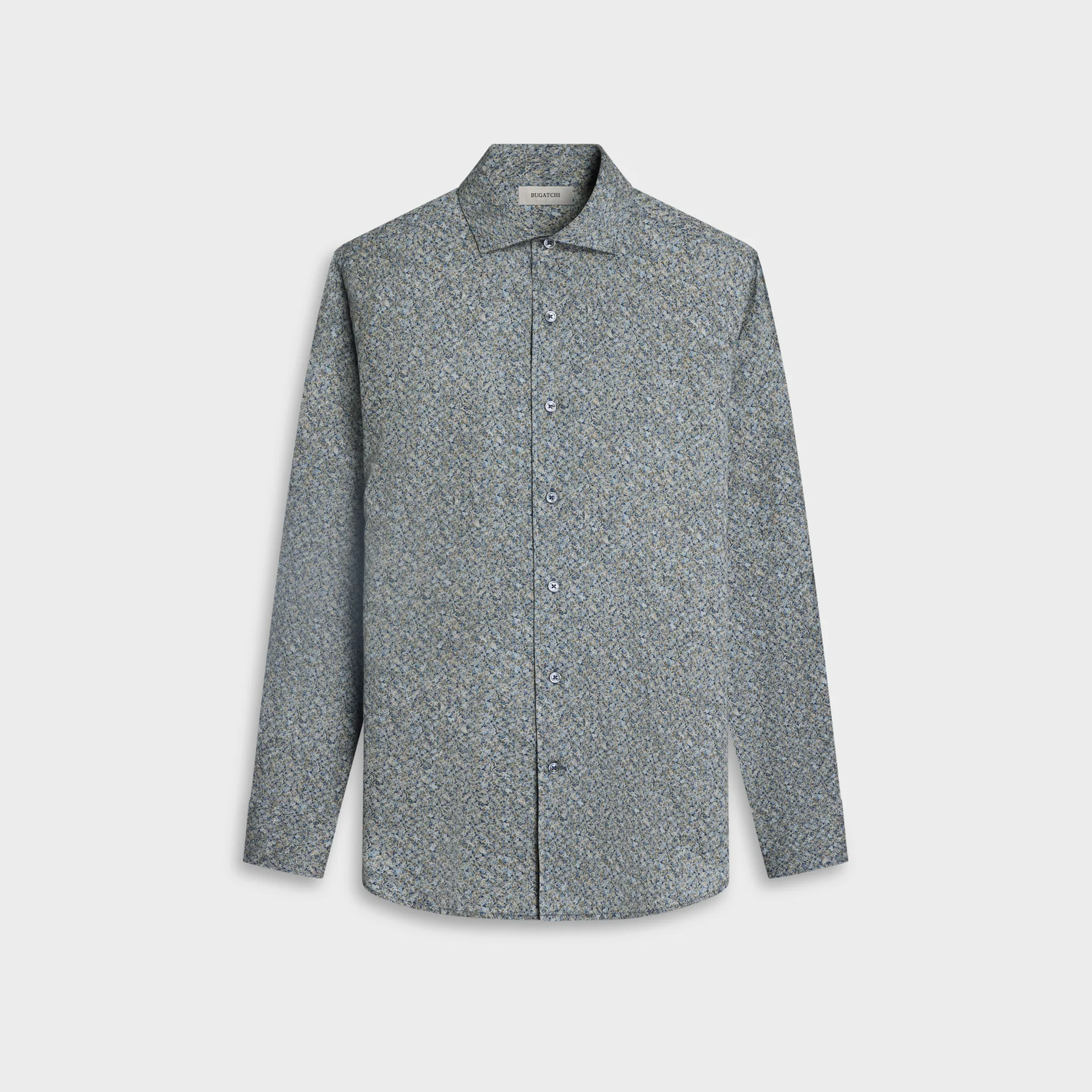 Light blue long-sleeve button-up Bugatchi Alvin Floral Sport Shirt KS3128L80S, featuring a small, subtle geometric pattern, displayed on a plain white background.