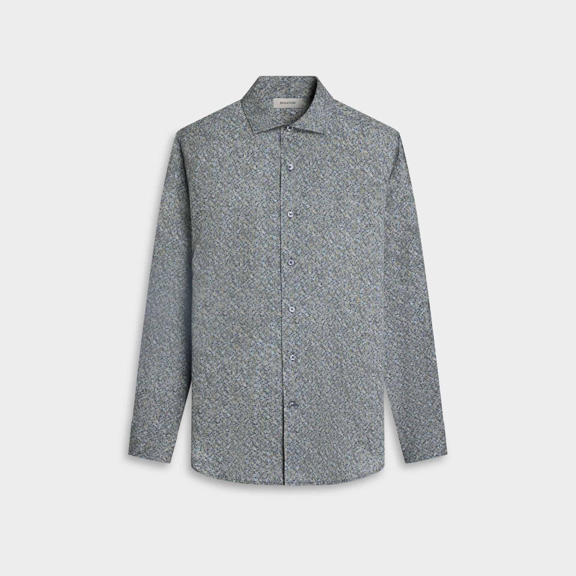 Light blue long-sleeve button-up Bugatchi Alvin Floral Sport Shirt KS3128L80S, featuring a small, subtle geometric pattern, displayed on a plain white background.