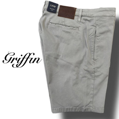 34 Heritage Nevada Soft Touch Shorts for men in light gray, featuring a slim fit, back and side pockets, leather waistband patch, and Griffin label. Made from Soft Touch fabric for comfort. Displayed on white background with Griffin text.