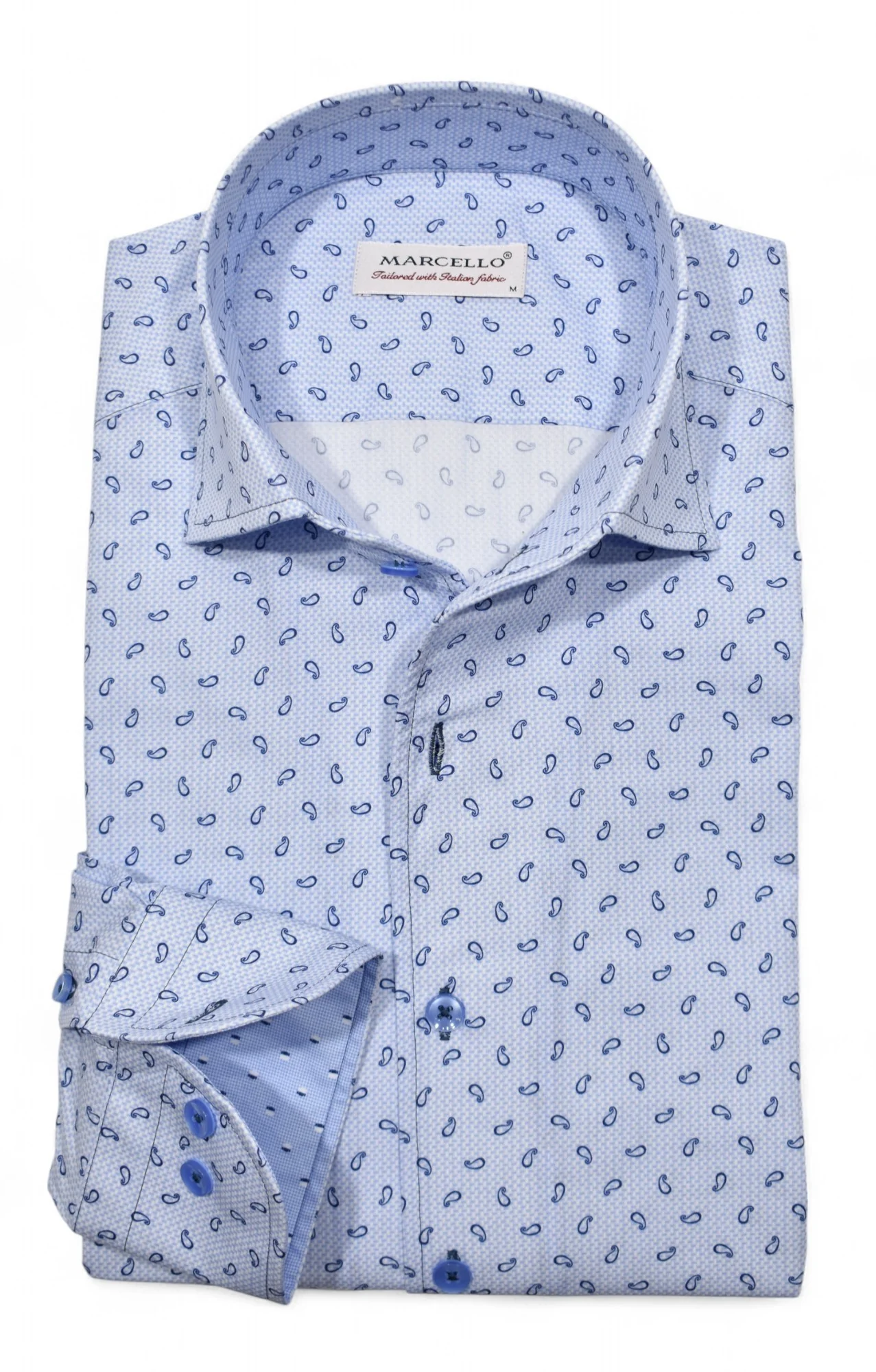 The Marcello Brickell Paisley Sport Shirt W123 is a soft-touch cotton shirt in light blue, featuring a small paisley pattern, one-piece collar, front pocket, and blue buttons.