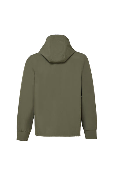 Back view of the Luchiano Visconti Visconti Hooded Jacket FUTS0P53 in olive green Italian technical fabric, with long sleeves, elastic cuffs, and a hood, shown against a white background.