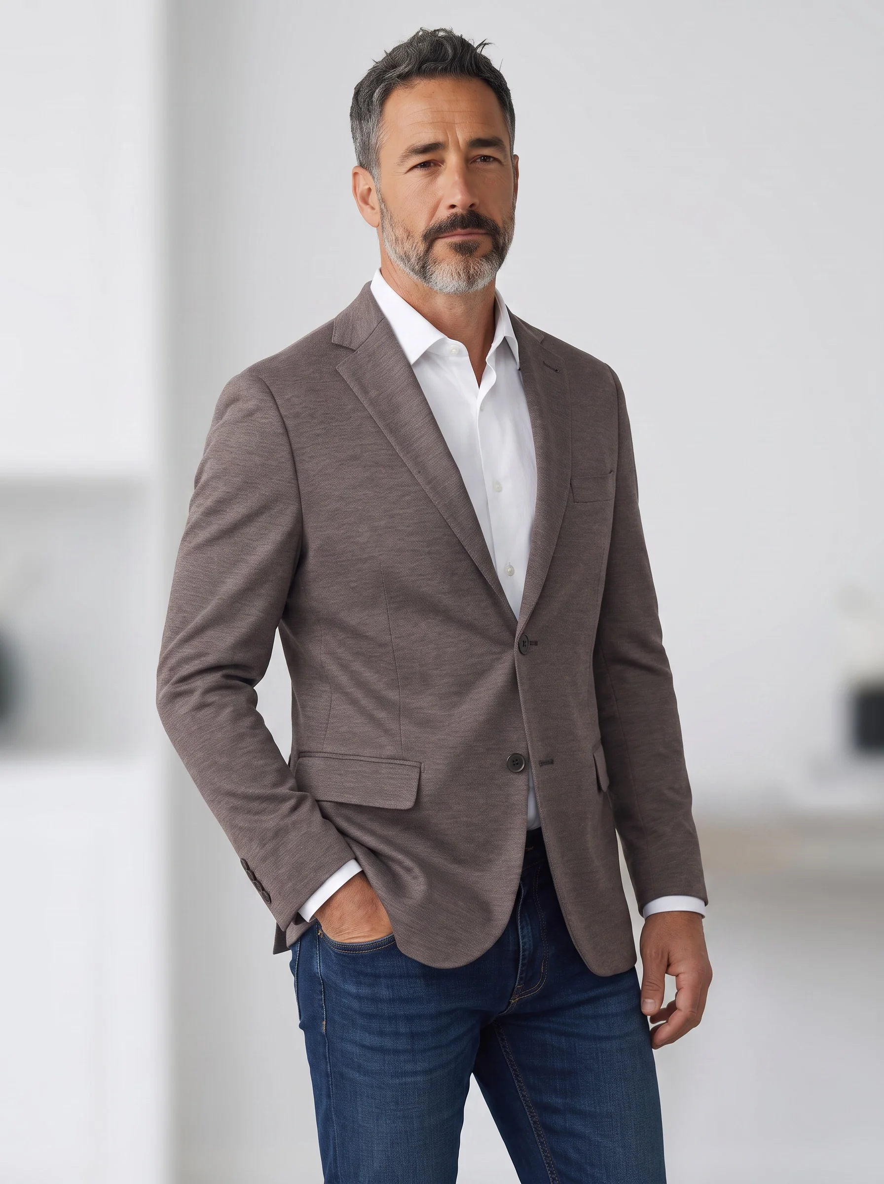 A man is standing indoors with one hand in his pocket and a neutral expression, wearing the 7 Downie St Alden Sport Coat Big & Tall by 7 Downie St in taupe over a white dress shirt and blue jeans.