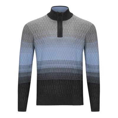 The F/X Fusion 1/4 Zip Mock 10065 B&T pullover sweater features a gradient ombre rib pattern in shades of gray, blue, and black.