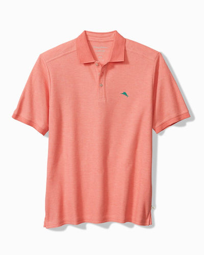The Tommy Bahama Emfielder Island Zone Polo Big & Tall is a coral short-sleeve polo with a collar, three buttons, and a teal embroidered logo, crafted from soft Supima cotton with moisture-wicking for lasting comfort.