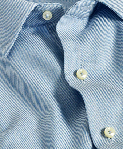 Close-up of the David Donahue Cashmere Blend Shirt CBSM11101, featuring light blue stripes, three white buttons, and a folded collar—a luxury men’s sport shirt from David Donahue.