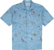 The Tori Richard Printed Cotton Manu Garden Shirt 1956M0354 is a light blue, short-sleeve button-up featuring a subtle botanical and fish print.