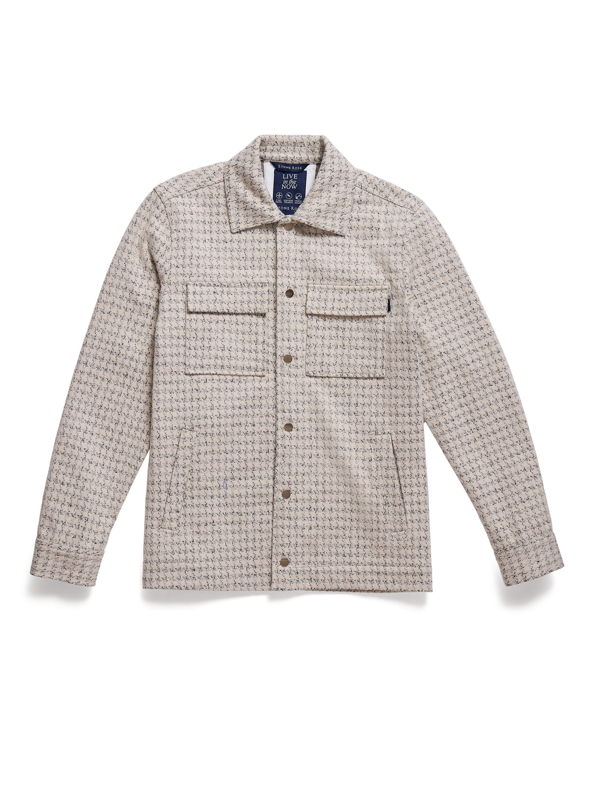 Stone Rose Hunter Knit Houndstooth Jacket: a beige and navy button-up long-sleeve jacket with two chest pockets and a shirt-style collar.