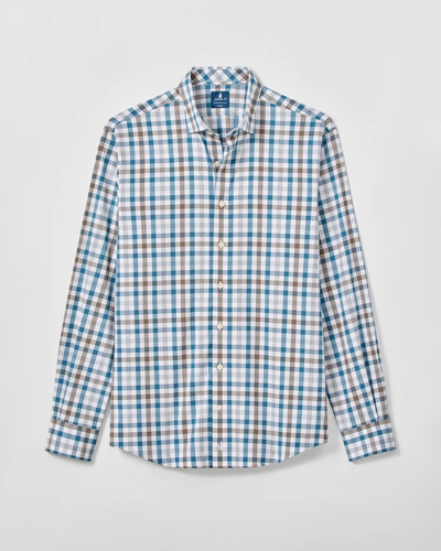 Johnnie-O Cay Exploded Gingham Shirt Big & Tall by Johnnie-O, shown flat on a white background, features a blue, brown, and white gingham plaid pattern. This Big & Tall performance shirt is made with moisture-wicking fabric for all-day comfort and style.