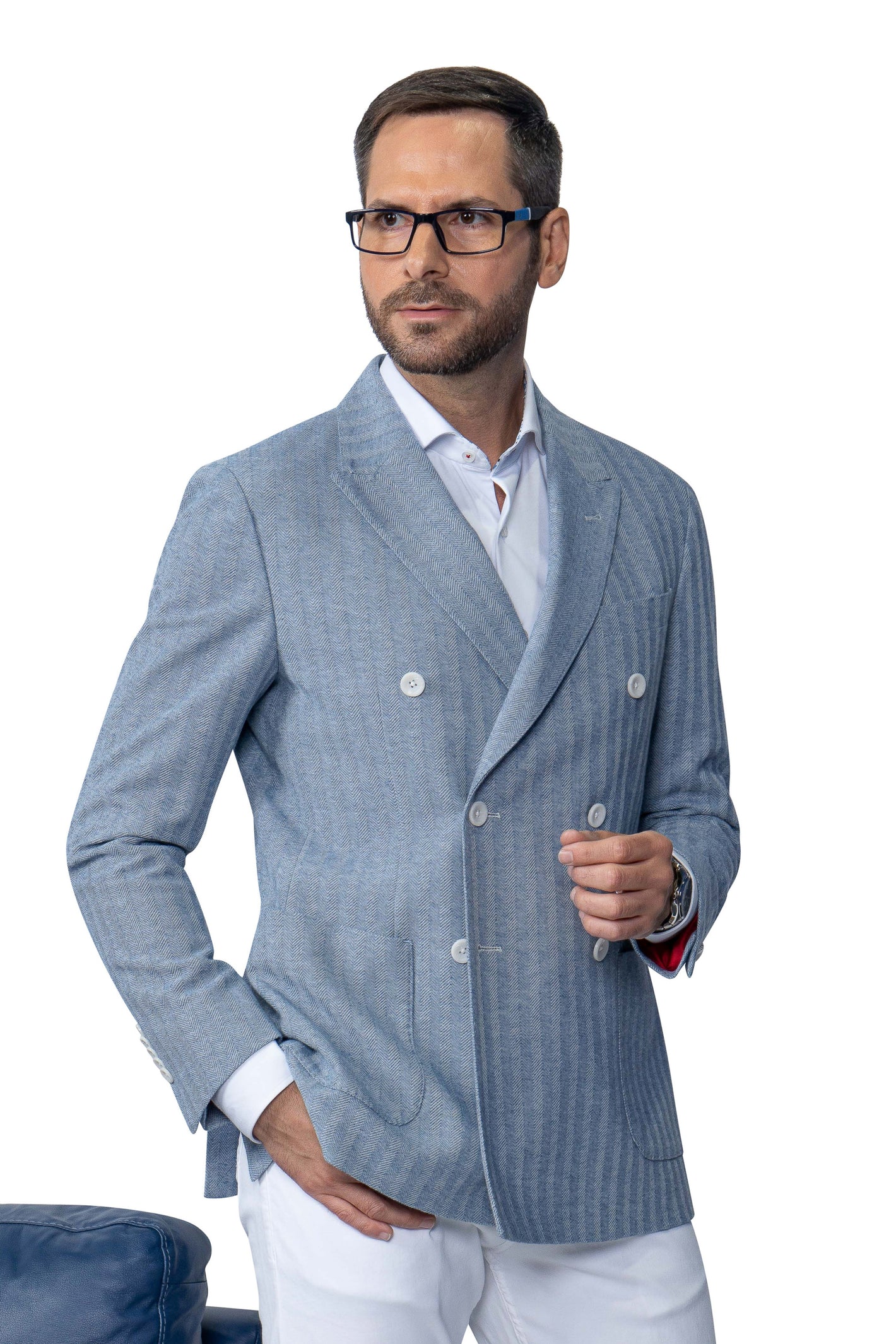 A man wearing glasses and a white shirt stands with one hand in his pocket, modeling the 7 Downie St Dorval Sport Coat by 7 Downie St against a white background.