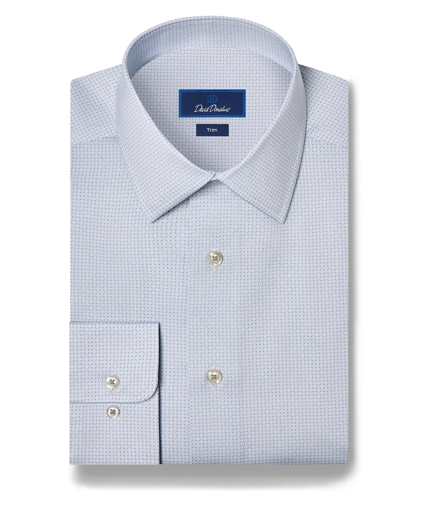 A neatly folded light blue David Donahue Micro Geometric Print Dress Shirt (TBSP13203) with a subtle geometric pattern, buttoned cuffs, and a pointed collar, featuring a label that reads David Donahue.