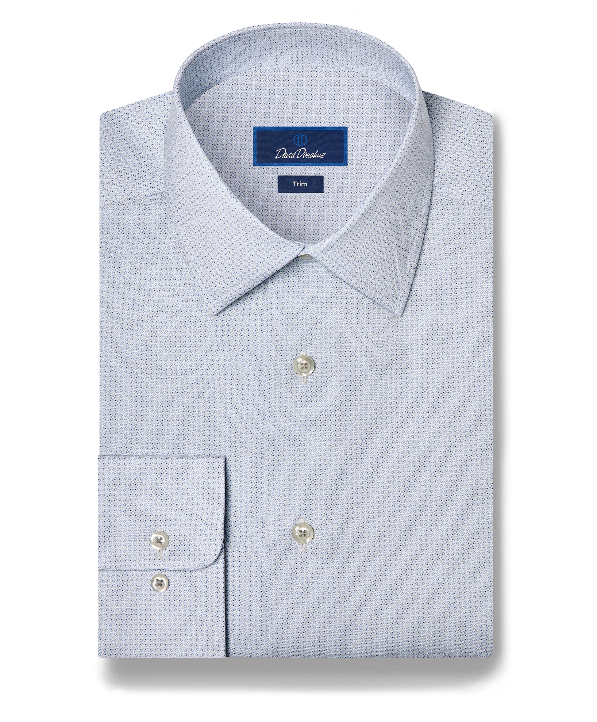 A neatly folded light blue David Donahue Micro Geometric Print Dress Shirt (TBSP13203) with a subtle geometric pattern, buttoned cuffs, and a pointed collar, featuring a label that reads David Donahue.