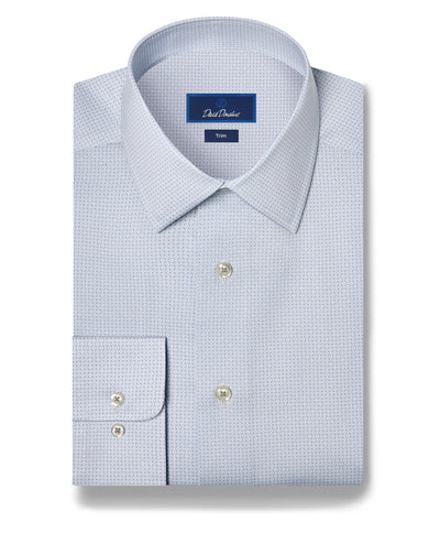 A neatly folded light blue David Donahue Micro Geometric Print Dress Shirt (TBSP13203) with a subtle geometric pattern, buttoned cuffs, and a pointed collar, featuring a label that reads David Donahue.