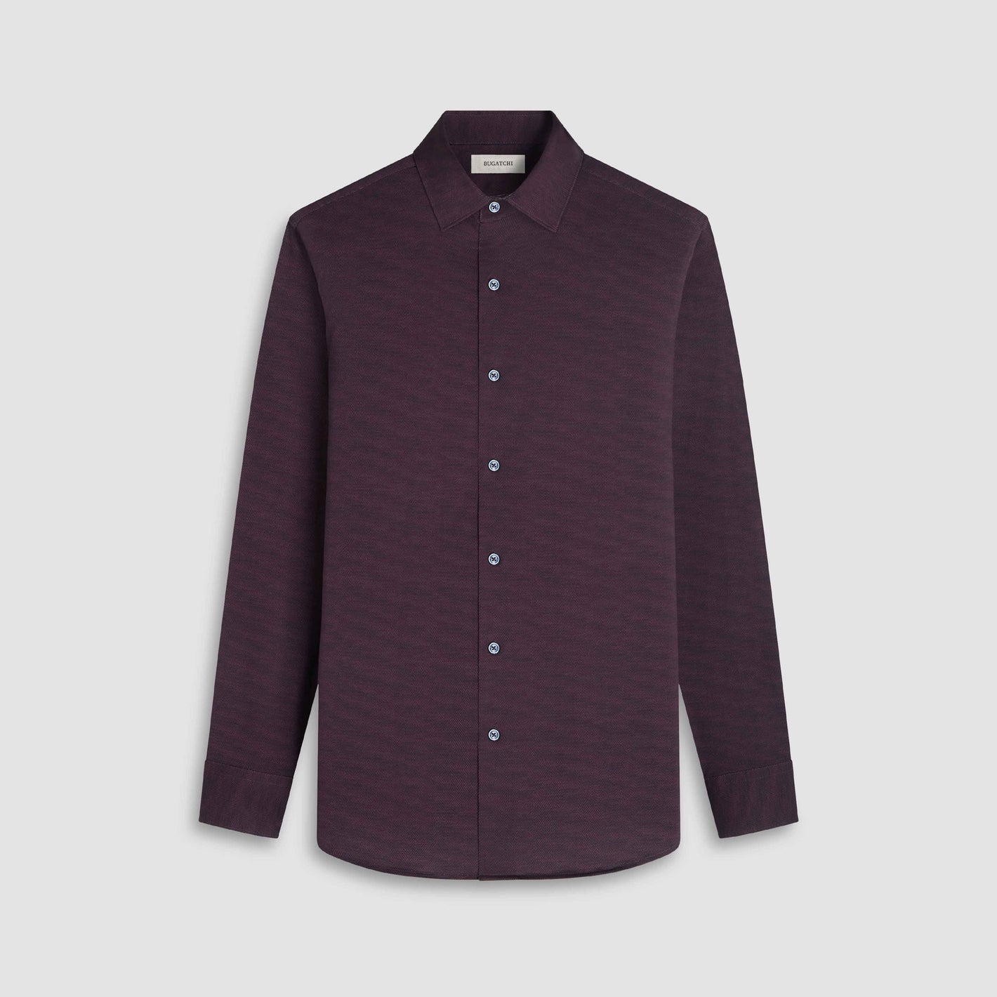 The Bugatchi James Herringbone Sport Shirt HF9508K60 is a long-sleeve, button-up shirt in dark purple with a subtle textured pattern, shown on a plain white background.