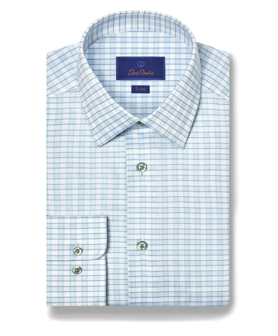 The David Donahue Pistachio Dobby Check Shirt TBSP12805129 features a stylish blue and green plaid pattern with buttoned cuffs, adding a sophisticated touch to any wardrobe.