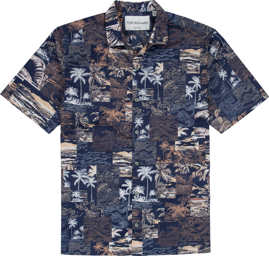 The Tori Richard Cotton Tiles Tides Big & Tall Shirt (0700M0339) features a short-sleeve button-up design with a navy, brown, and beige tropical print of palm trees, ocean waves, and landscapes.