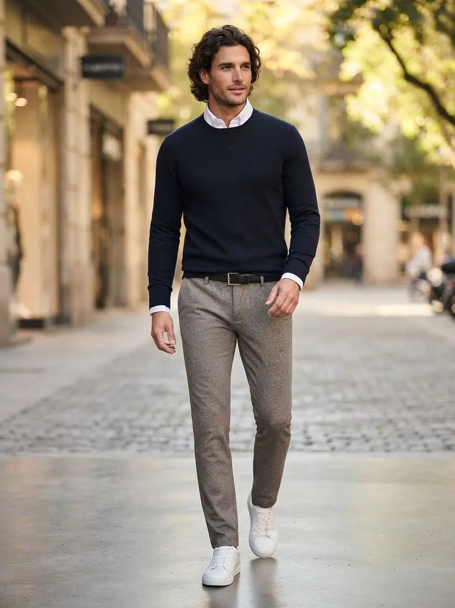 A man walks on a city street wearing a navy sweater over a white shirt, the Alberto Pipe 1643 Taupe Melange Pant by Alberto, a black belt, and white sneakers. Trees and shops line the background.