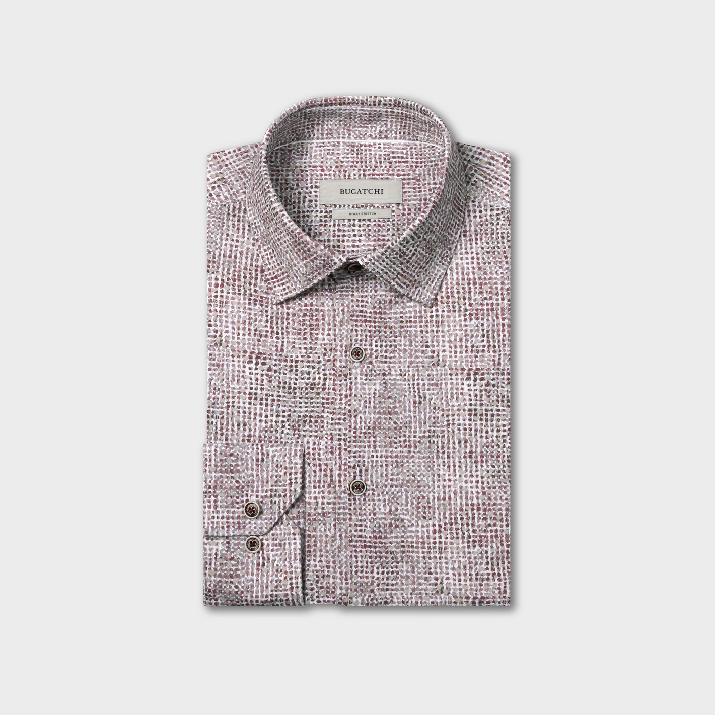 Folded long-sleeve button-up Bugatchi James Abstract Sport Shirt (KF9300K60) with a textured red and white checked pattern, displayed on a plain light gray background. This wrinkle-resistant shirt from Bugatchi combines style with effortless care.