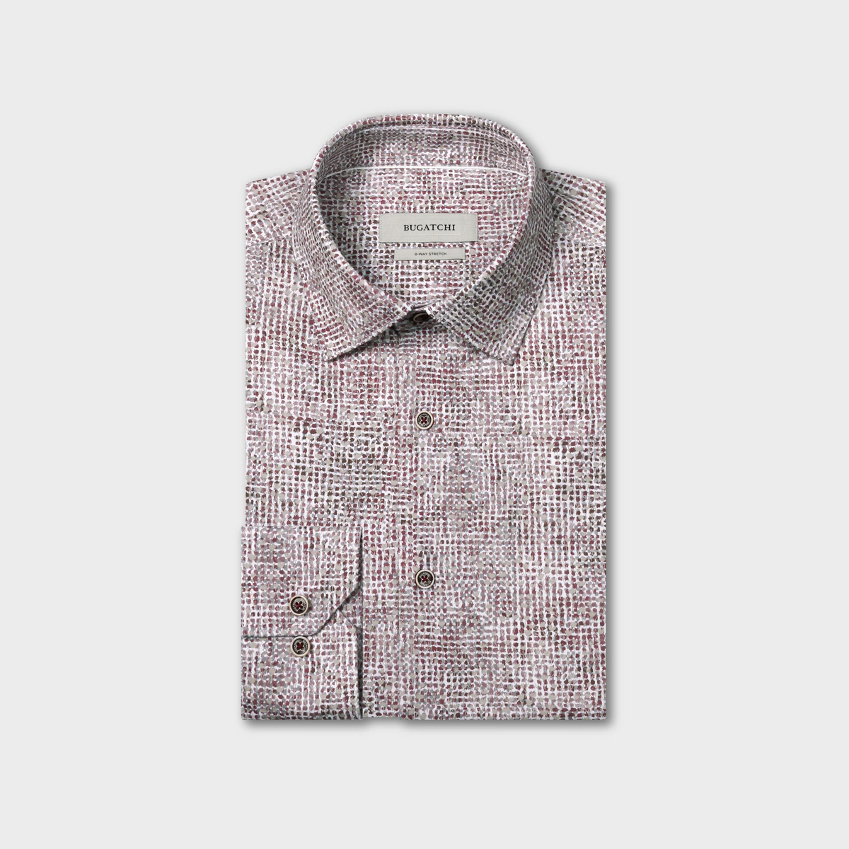 Folded long-sleeve button-up Bugatchi James Abstract Sport Shirt (KF9300K60) with a textured red and white checked pattern, displayed on a plain light gray background. This wrinkle-resistant shirt from Bugatchi combines style with effortless care.